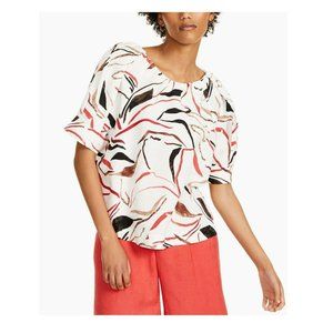 Alfani Womens L Multicolor Printed Short Sleeve Scoop Neck Linen Top Retag CE46